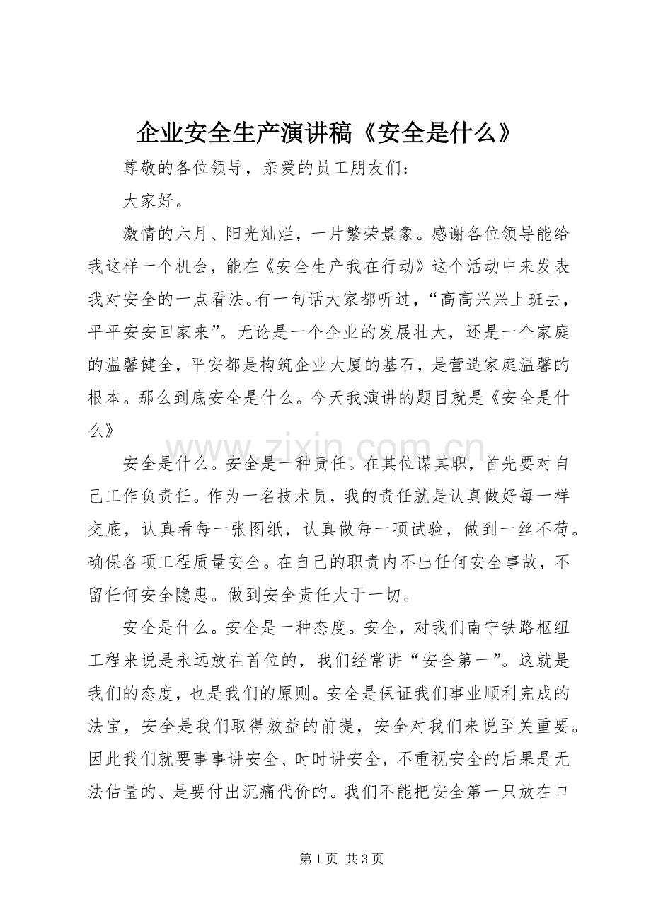 企业安全生产演讲稿范文《安全是什么》.docx_第1页