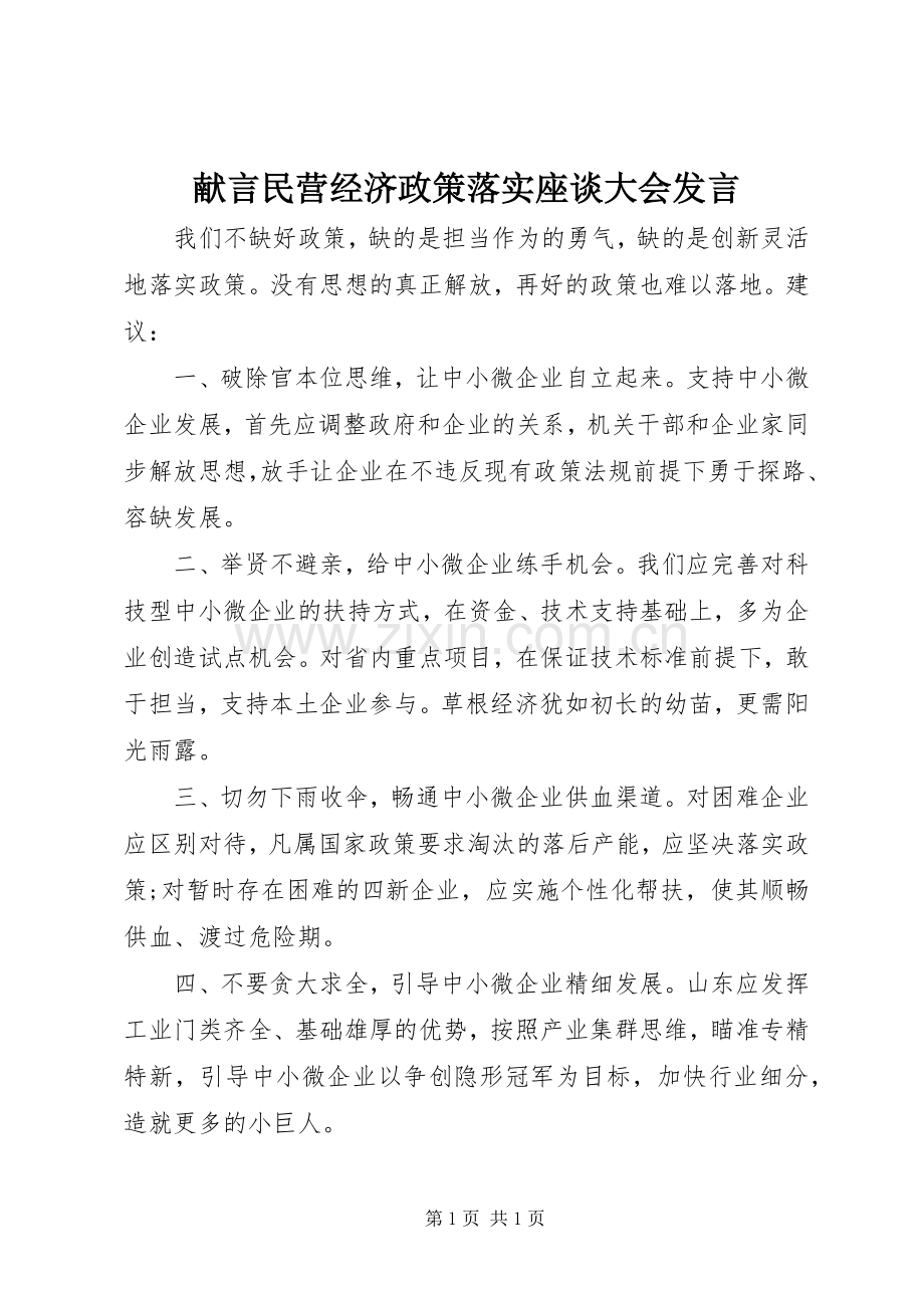 献言民营经济政策落实座谈大会发言稿.docx_第1页