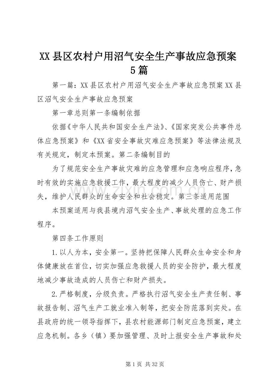 XX县区农村户用沼气安全生产事故应急处理预案5篇.docx_第1页