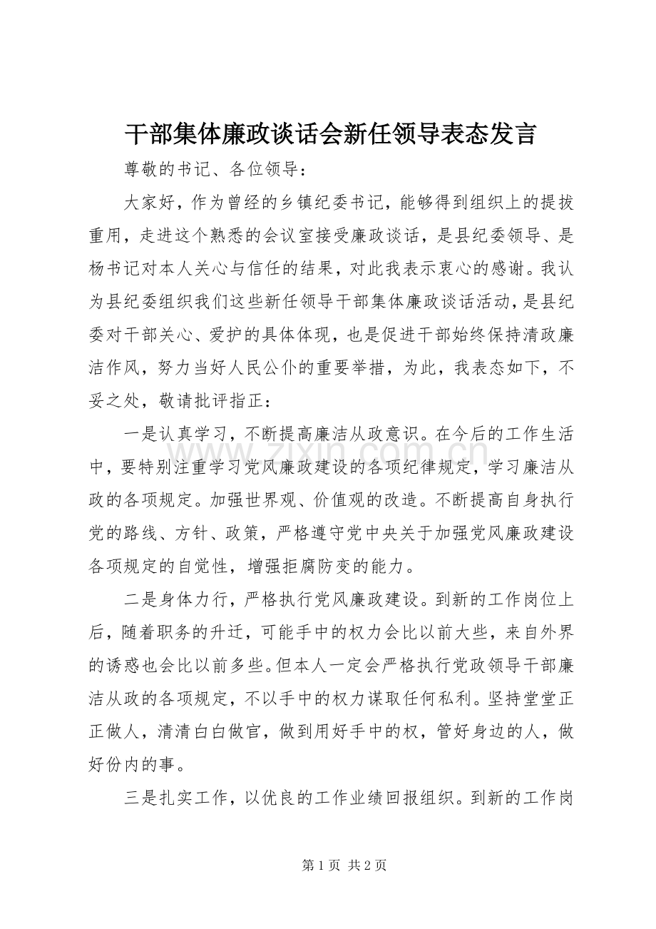 干部集体廉政谈话会新任领导表态发言稿.docx_第1页