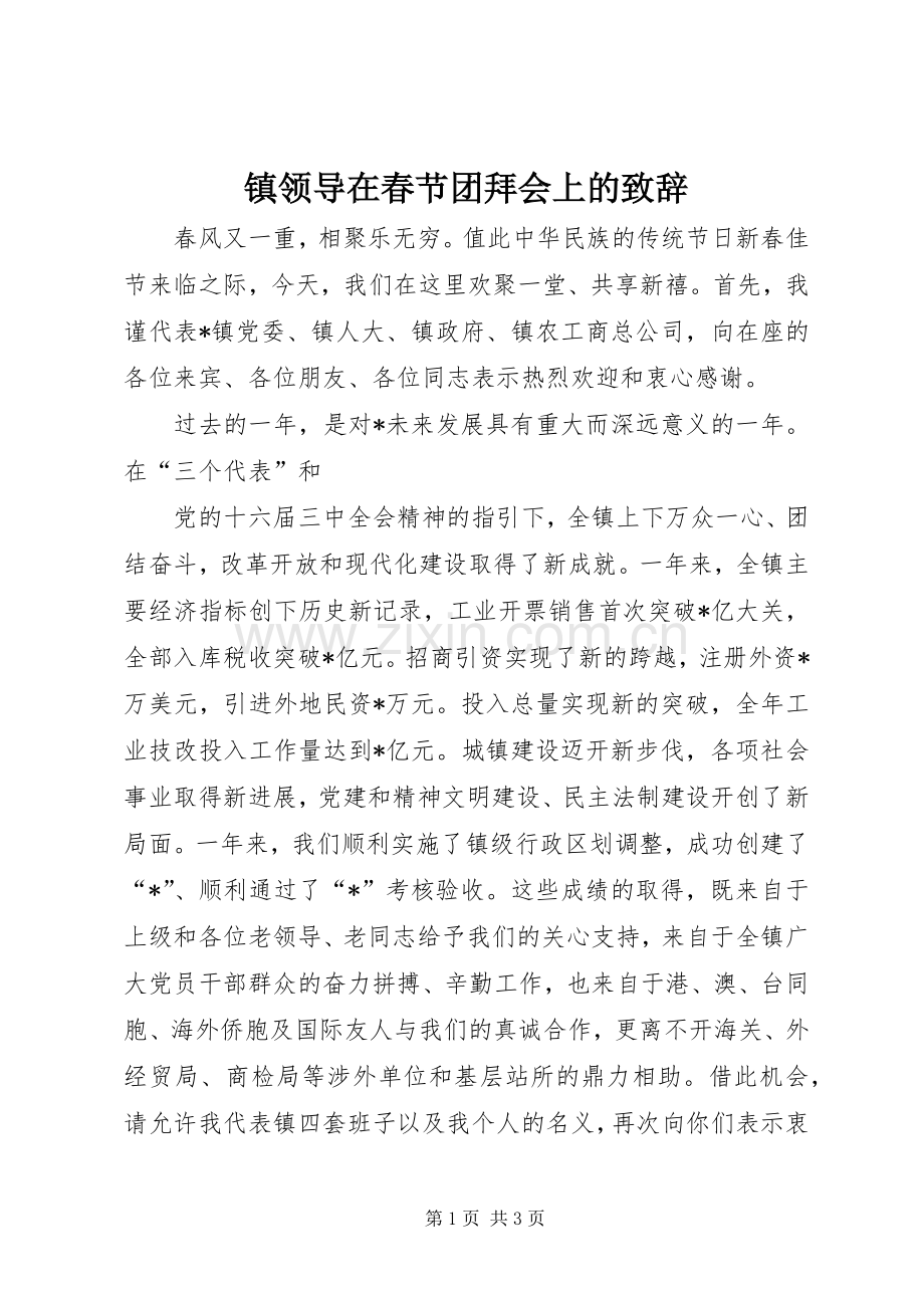 镇领导在春节团拜会上的演讲致辞范文.docx_第1页