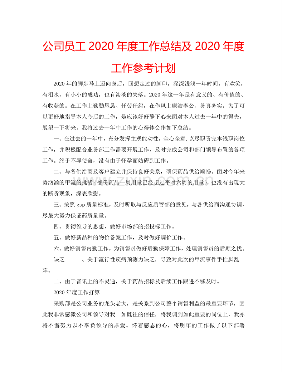 公司员工2024年度工作总结及2024年度工作参考计划.doc_第1页