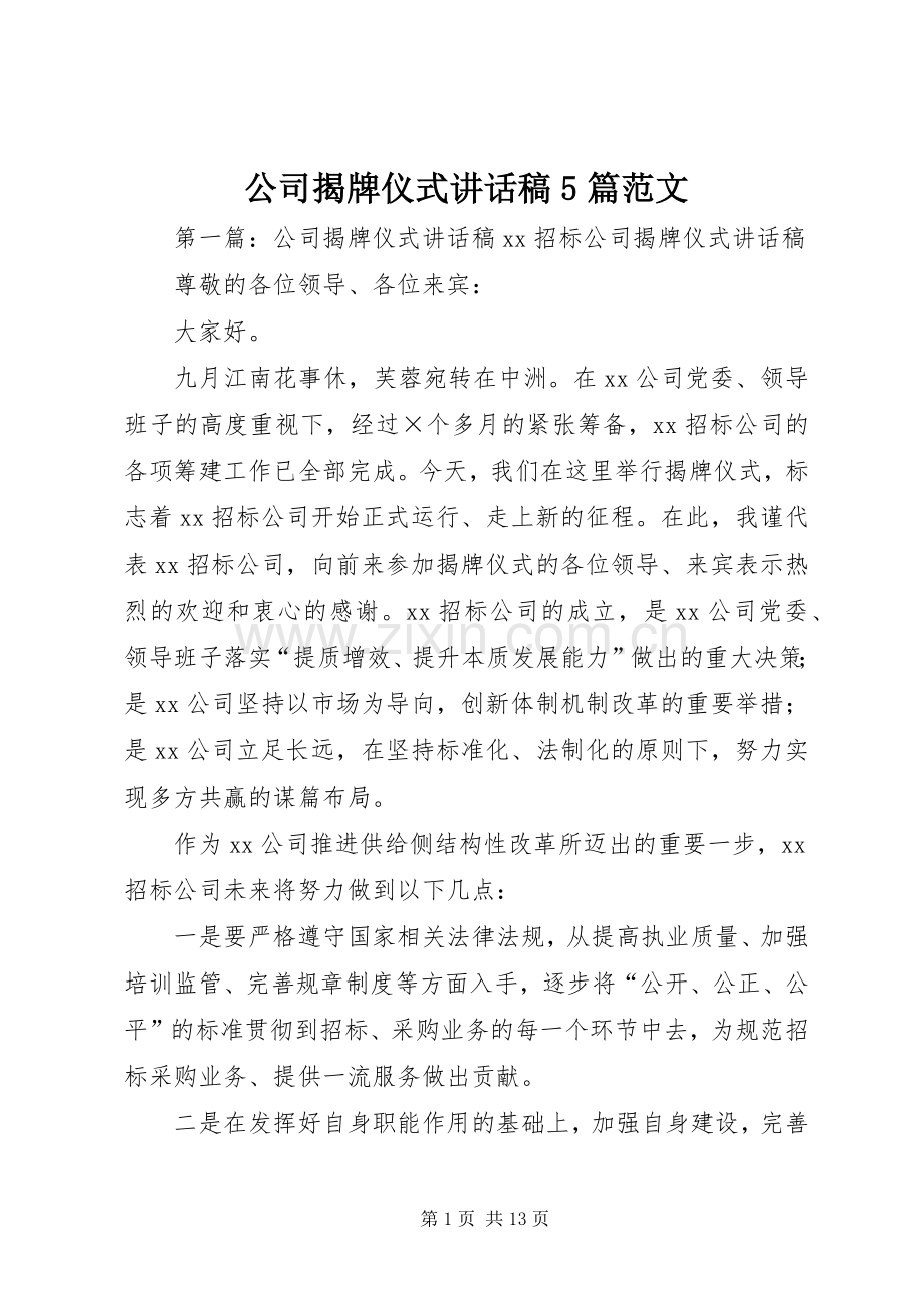 公司揭牌仪式讲话稿5篇范文.docx_第1页