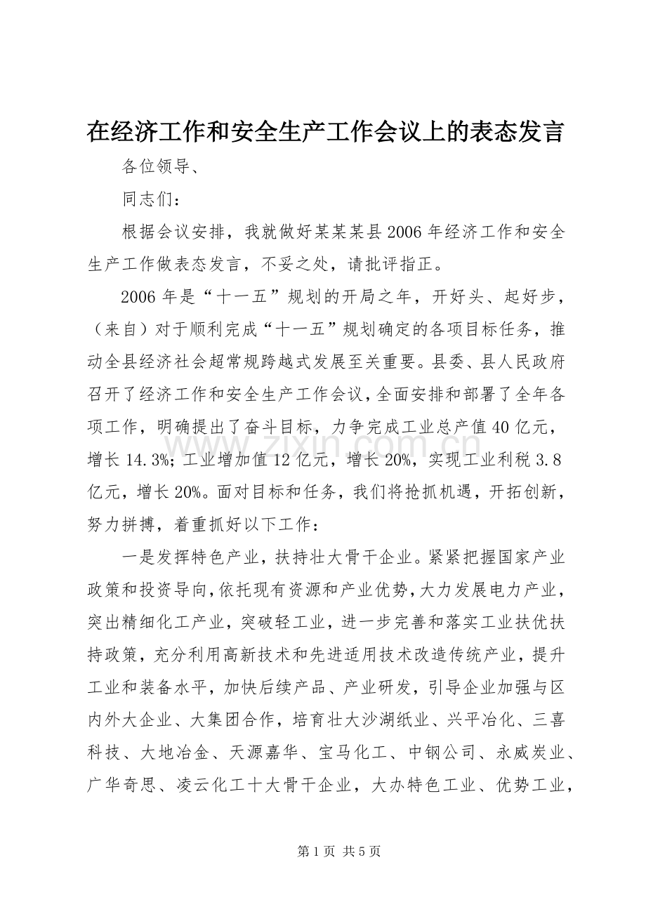 在经济工作和安全生产工作会议上的表态发言稿.docx_第1页