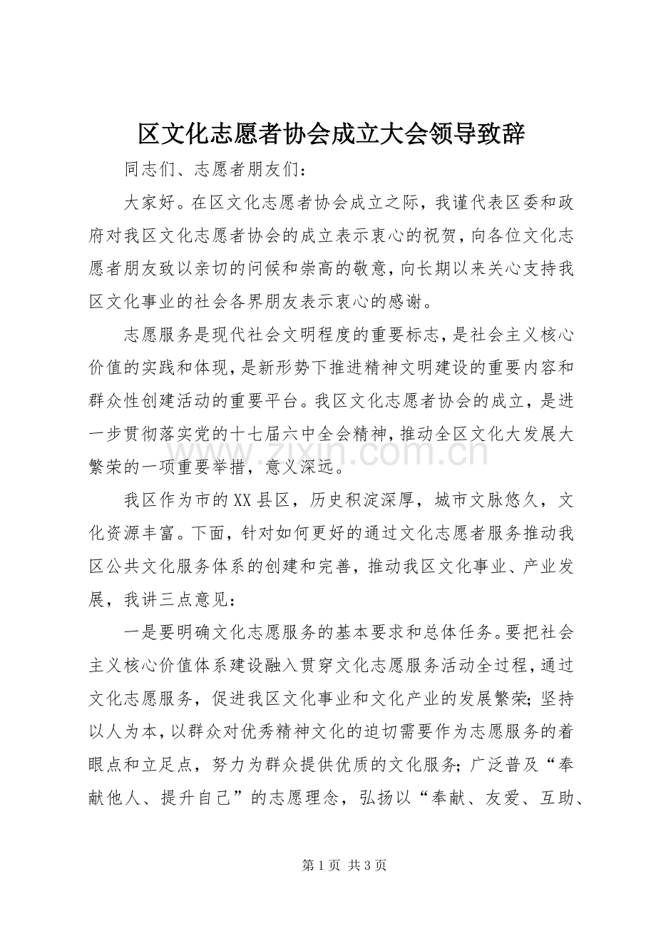 区文化志愿者协会成立大会领导演讲致辞范文.docx_第1页