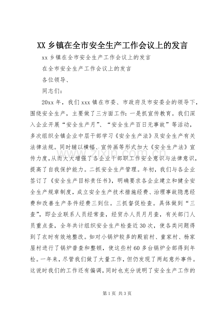 XX乡镇在全市安全生产工作会议上的发言稿.docx_第1页