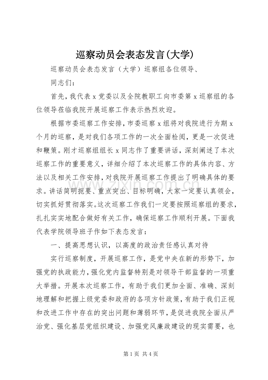 巡察动员会表态发言稿(大学).docx_第1页