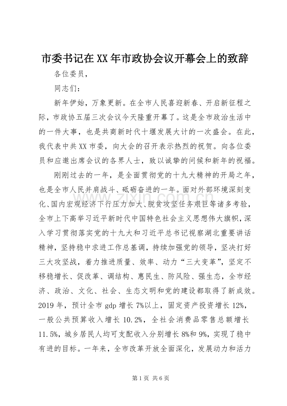 市委书记在XX年市政协会议开幕会上的演讲致辞.docx_第1页