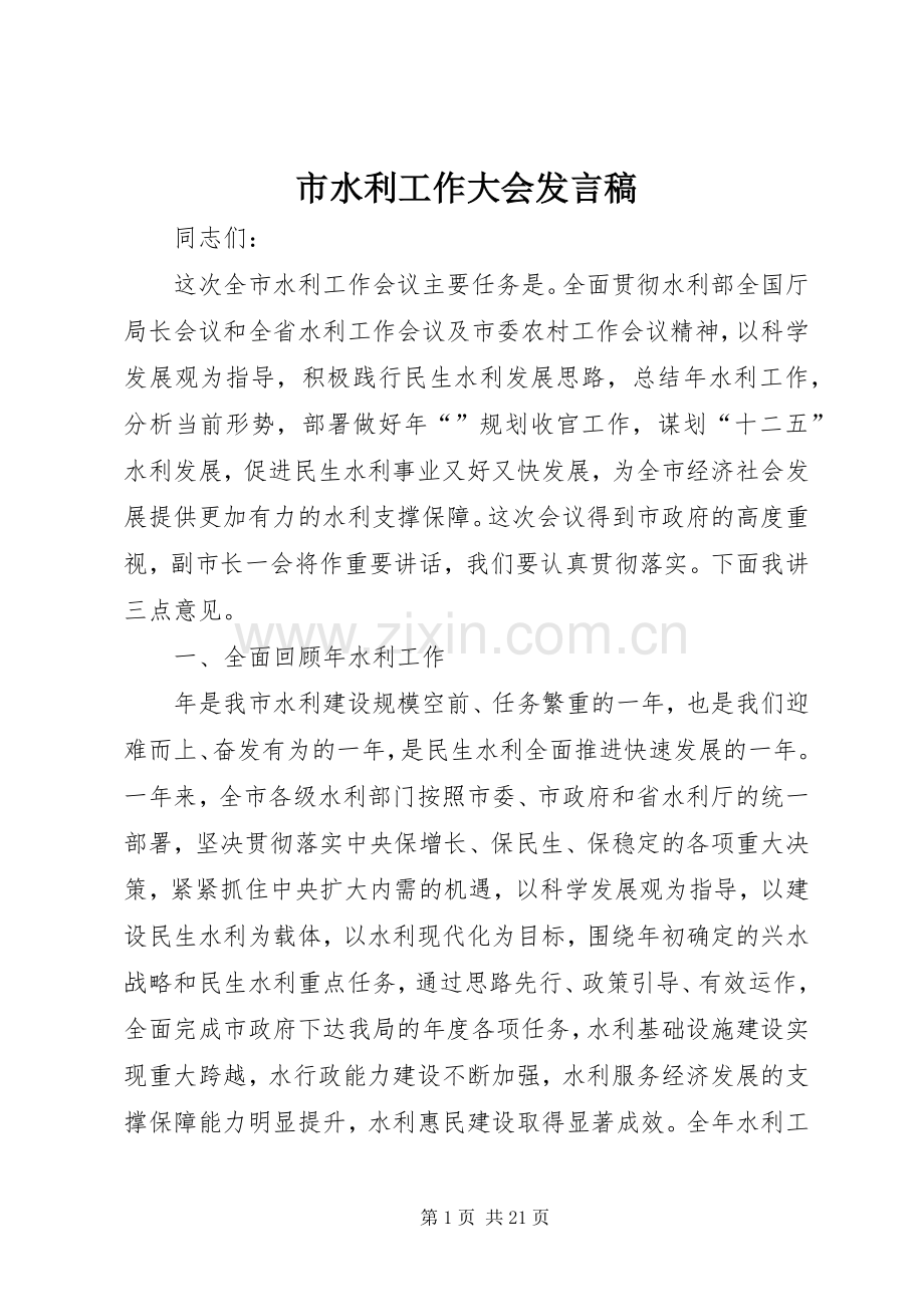 市水利工作大会发言.docx_第1页