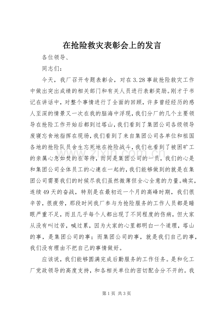 在抢险救灾表彰会上的发言稿.docx_第1页