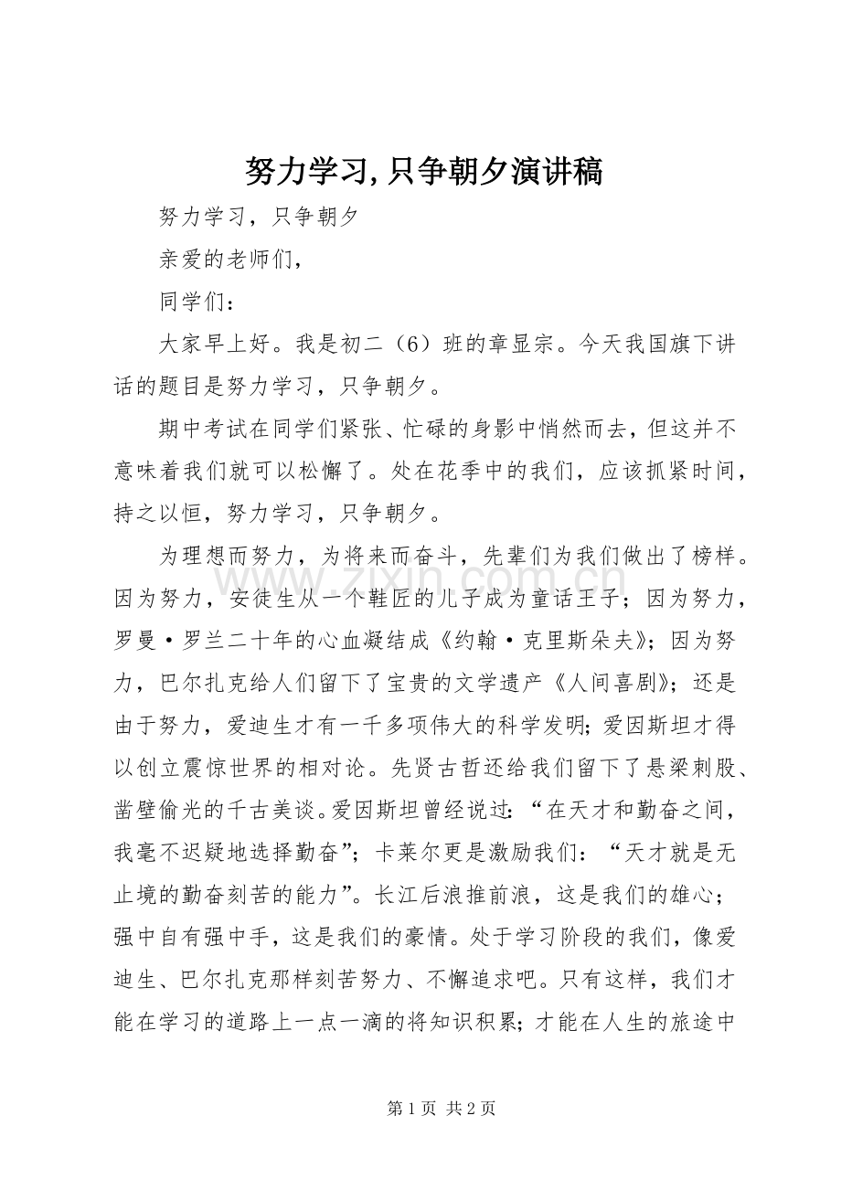 努力学习,只争朝夕演讲稿范文.docx_第1页