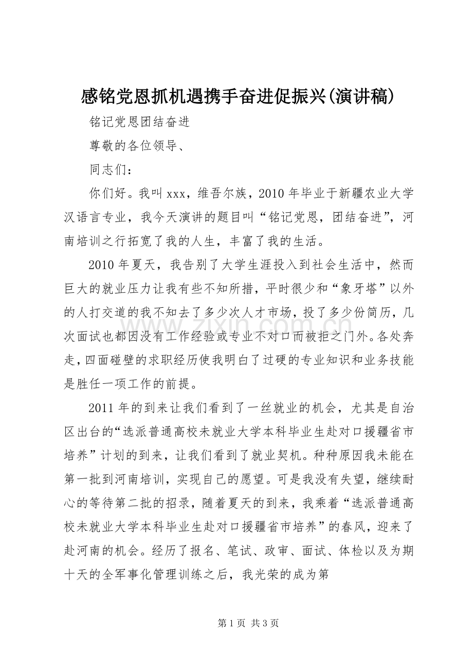 感铭党恩抓机遇携手奋进促振兴(演讲稿范文).docx_第1页