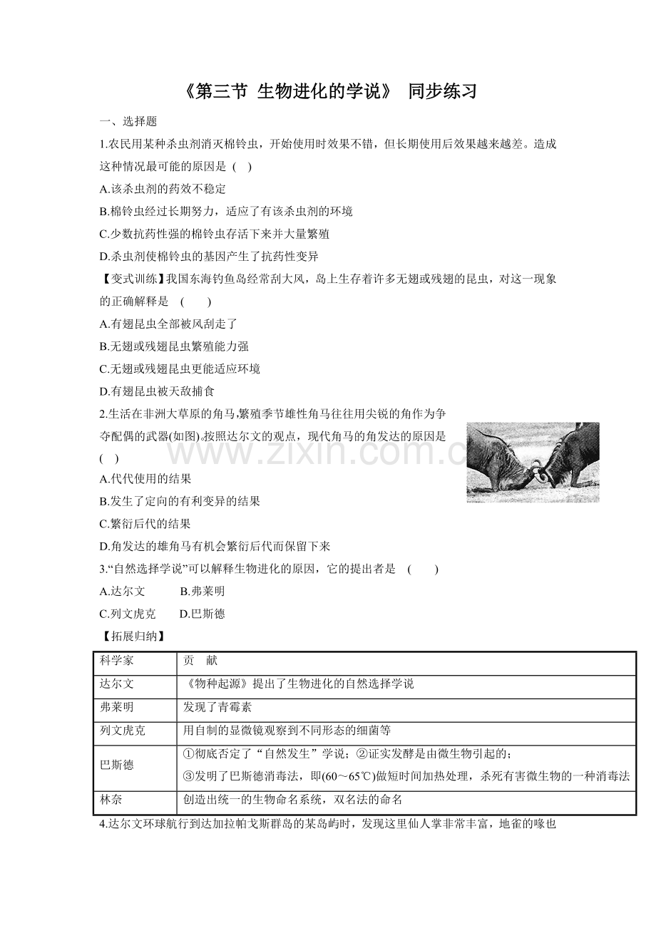 《第三节-生物进化的学说》同步练习2.doc_第1页