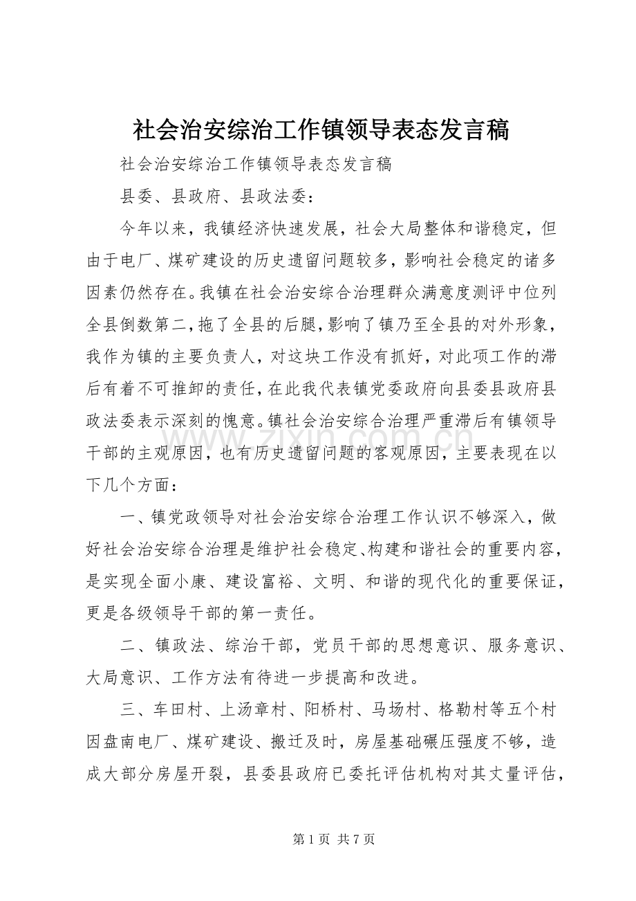 社会治安综治工作镇领导表态发言稿范文.docx_第1页