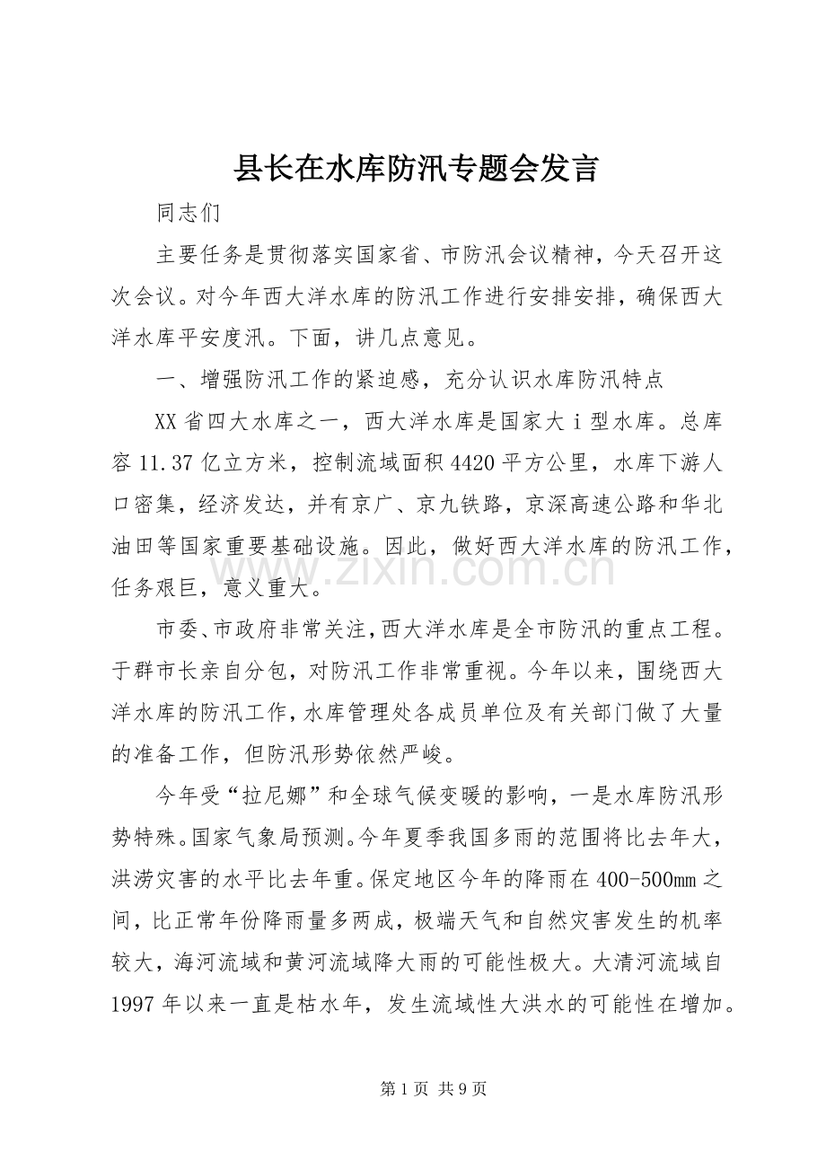 县长在水库防汛专题会发言.docx_第1页