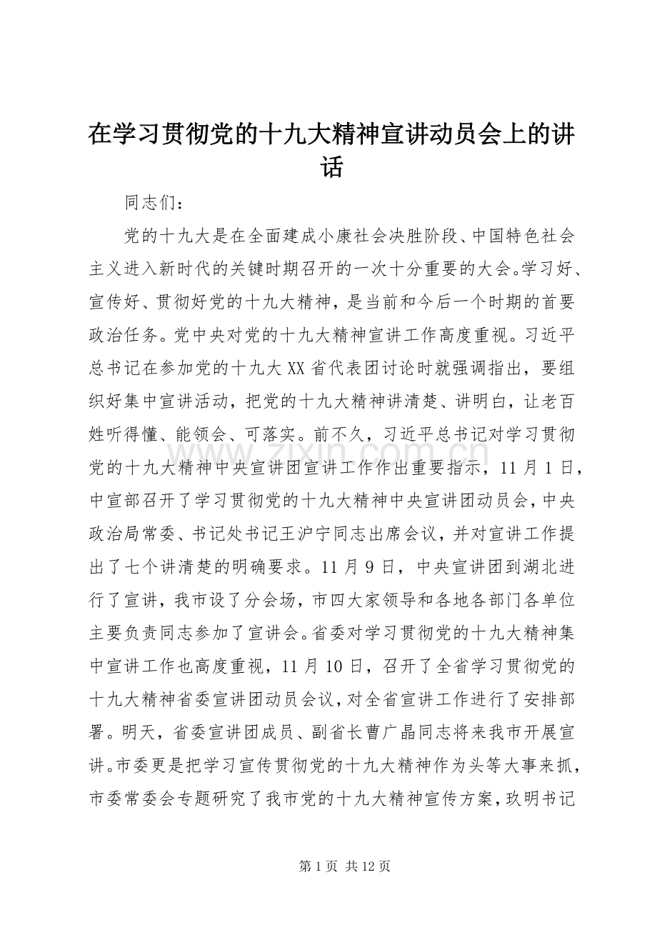 在学习贯彻党的十九大精神宣讲动员会上的讲话.docx_第1页