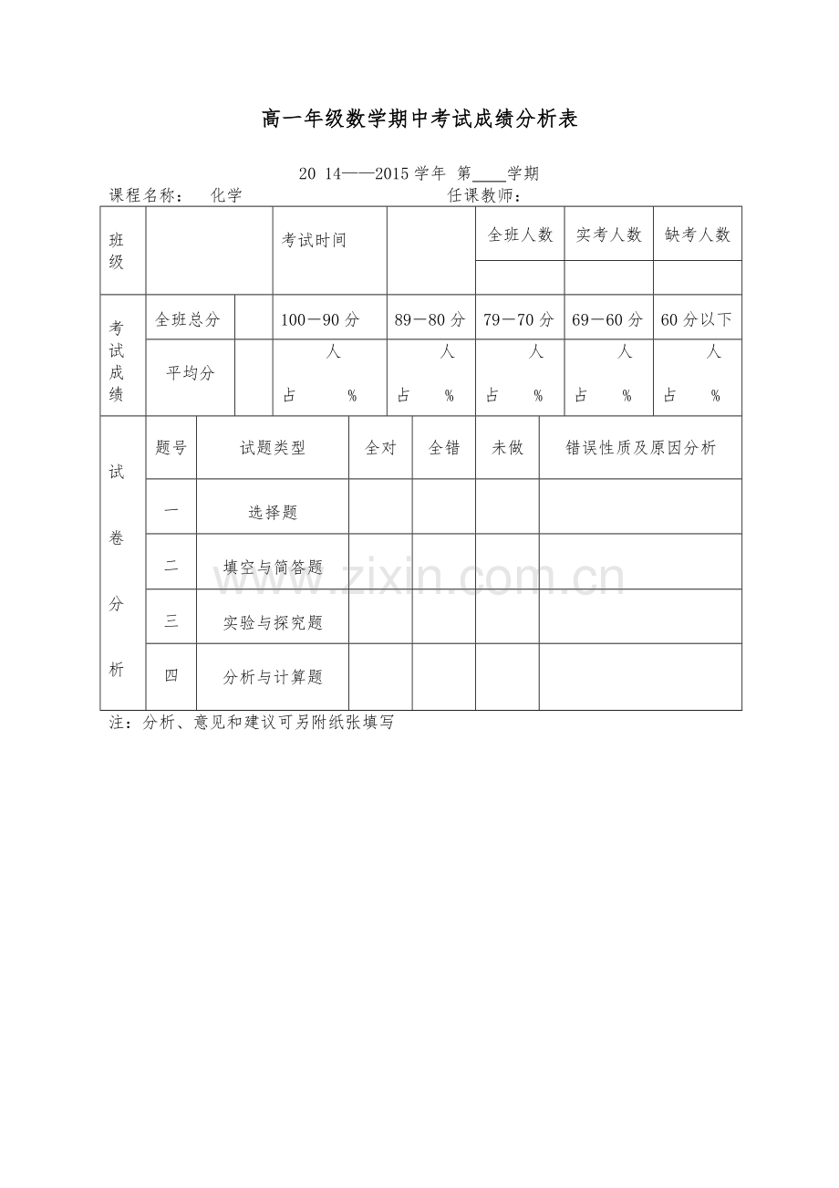 高一年级数学期中考试成绩分析表.doc_第1页