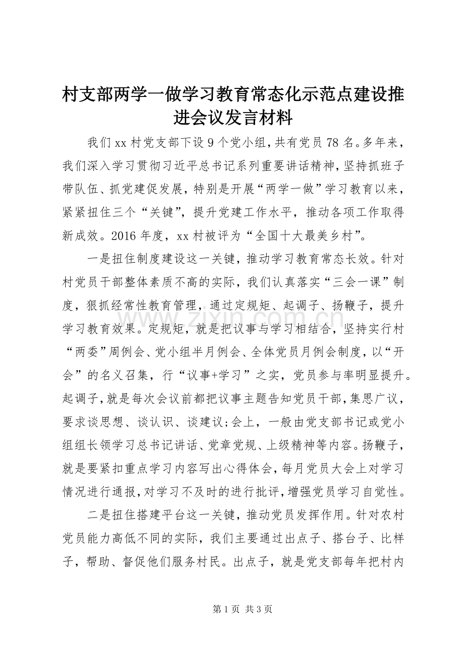 村支部两学一做学习教育常态化示范点建设推进会议发言材料提纲.docx_第1页