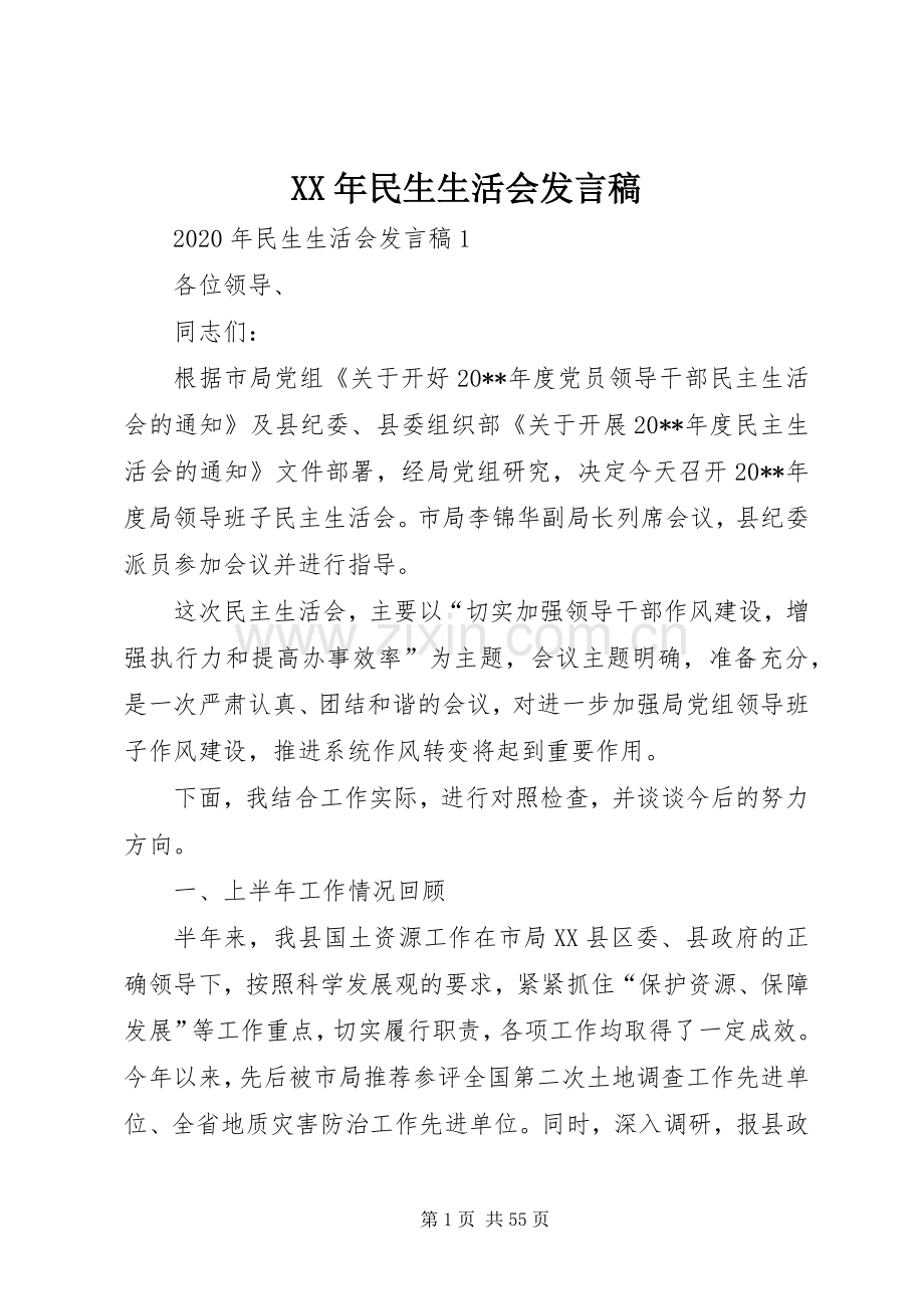 XX年民生生活会发言.docx_第1页