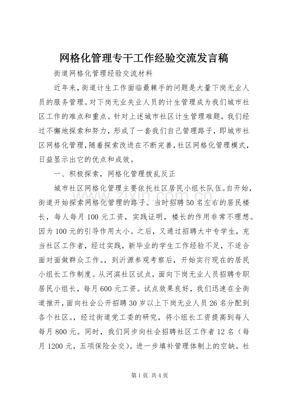 网格化管理专干工作经验交流发言.docx_第1页