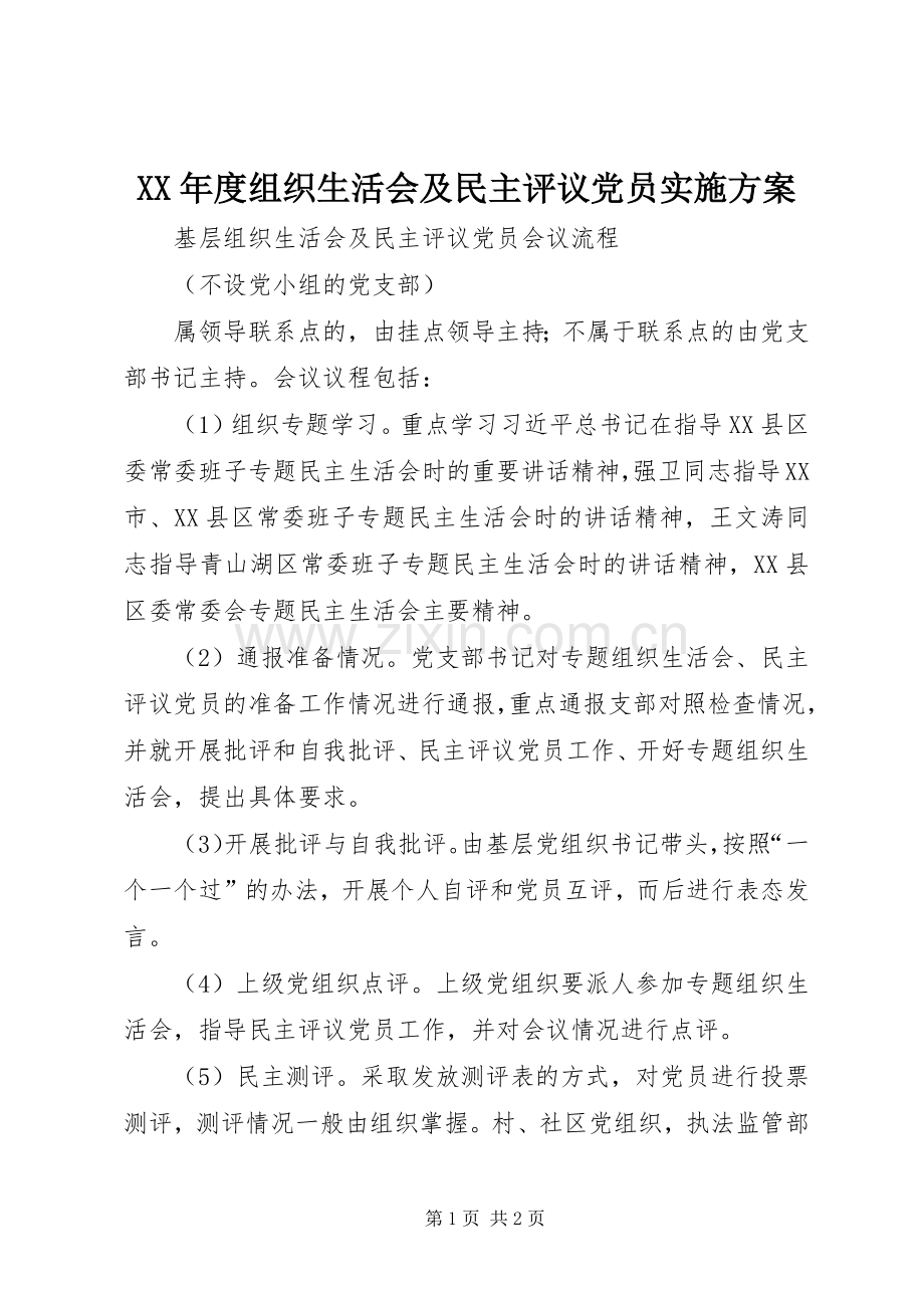 XX年度组织生活会及民主评议党员方案 .docx_第1页