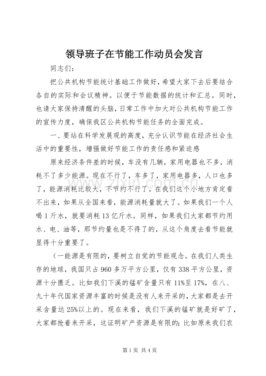 领导班子在节能工作动员会发言稿.docx_第1页