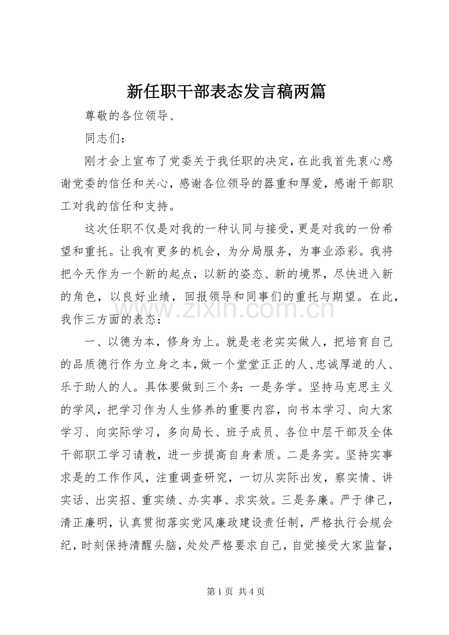 新任职干部表态发言两篇.docx_第1页