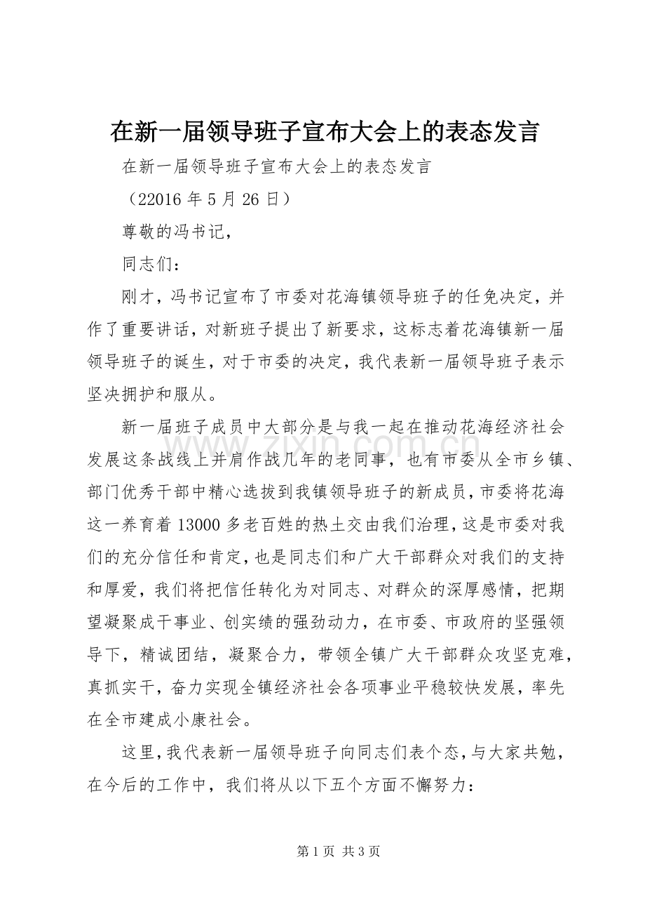 在新一届领导班子宣布大会上的表态发言稿.docx_第1页