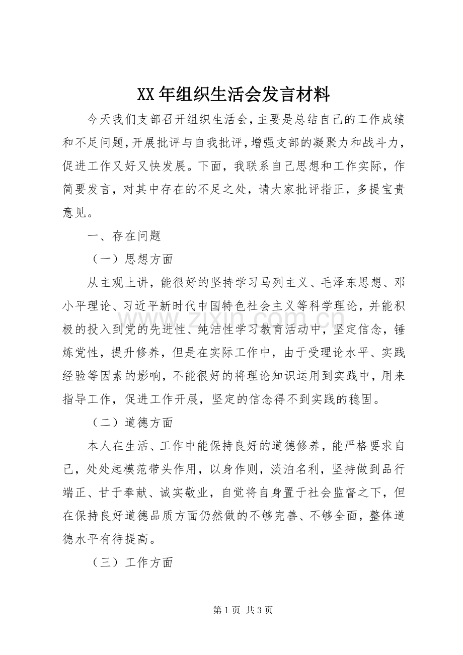 XX年组织生活会发言材料提纲范文.docx_第1页