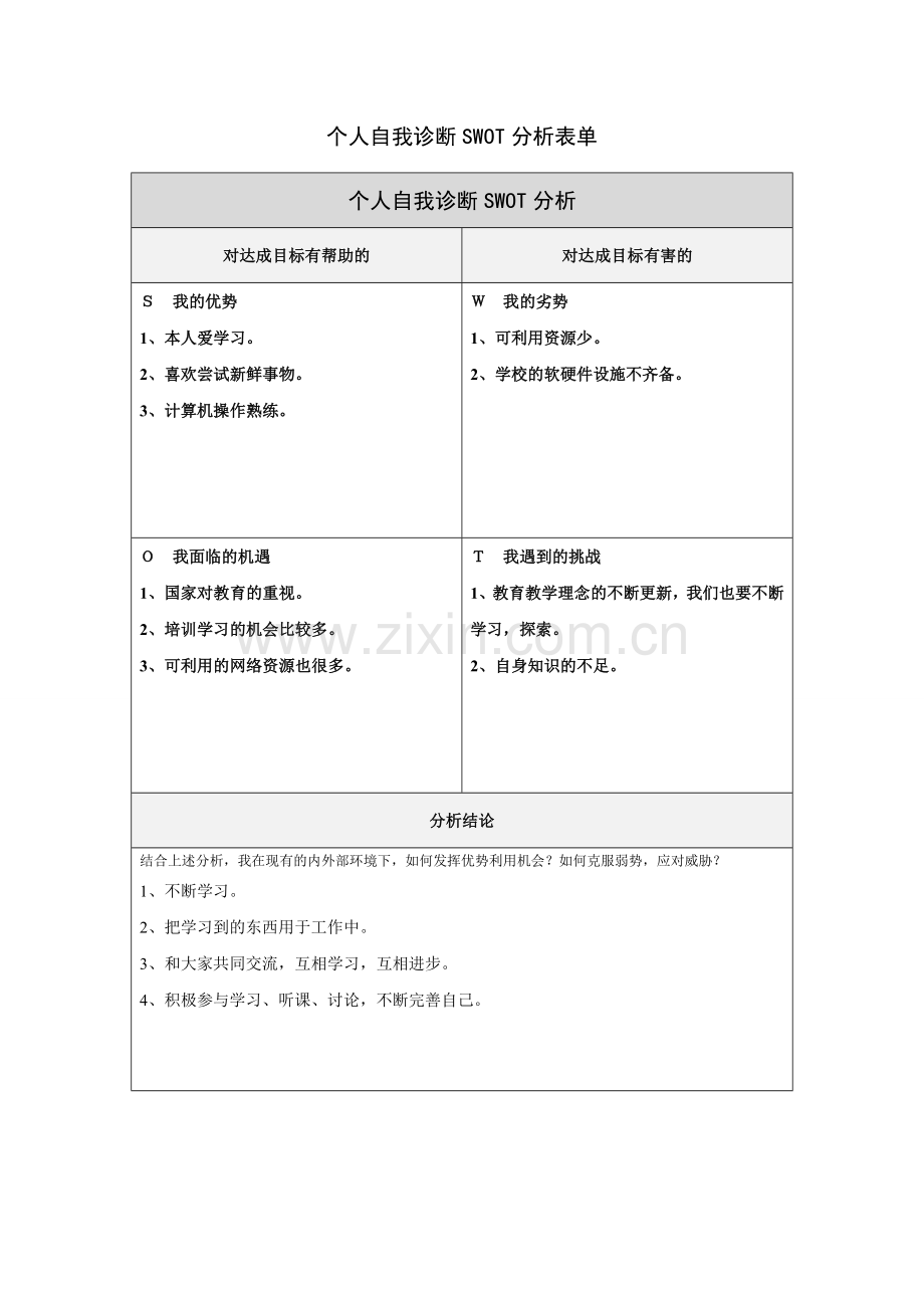 蔡俊丽个人自我诊断SWOT分析表.doc_第1页