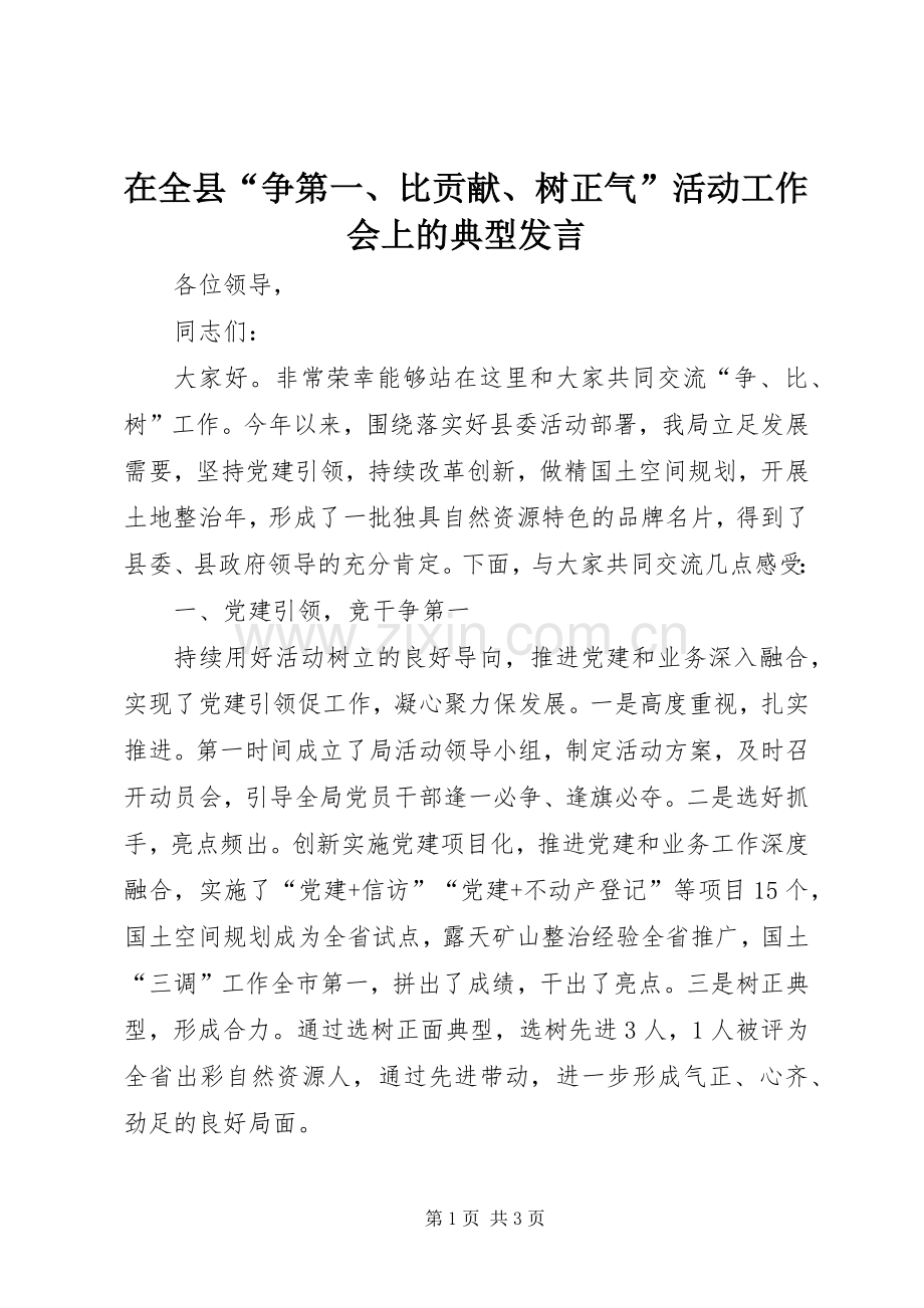 在全县“争第一、比贡献、树正气”活动工作会上的典型发言稿.docx_第1页