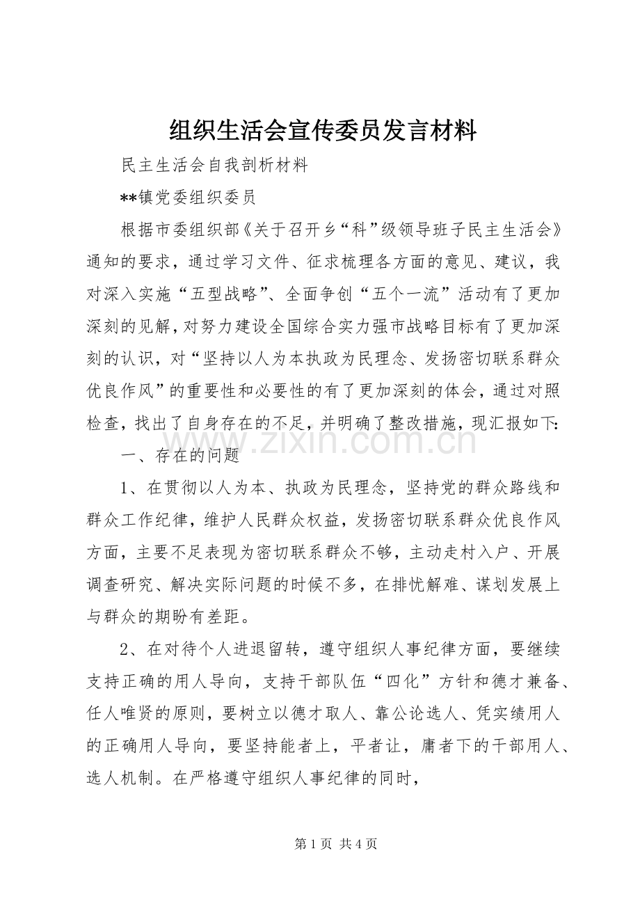 组织生活会宣传委员发言材料提纲范文.docx_第1页