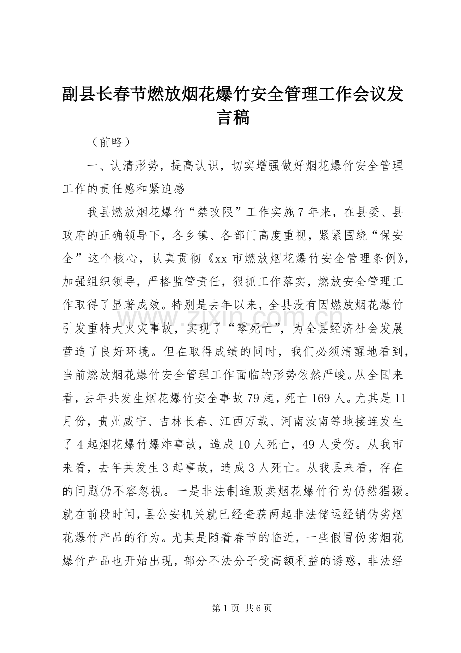 副县长春节燃放烟花爆竹安全管理工作会议发言.docx_第1页