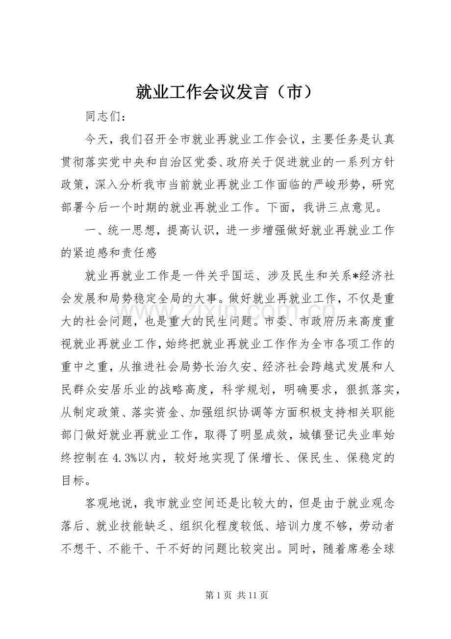 就业工作会议发言（市）.docx_第1页