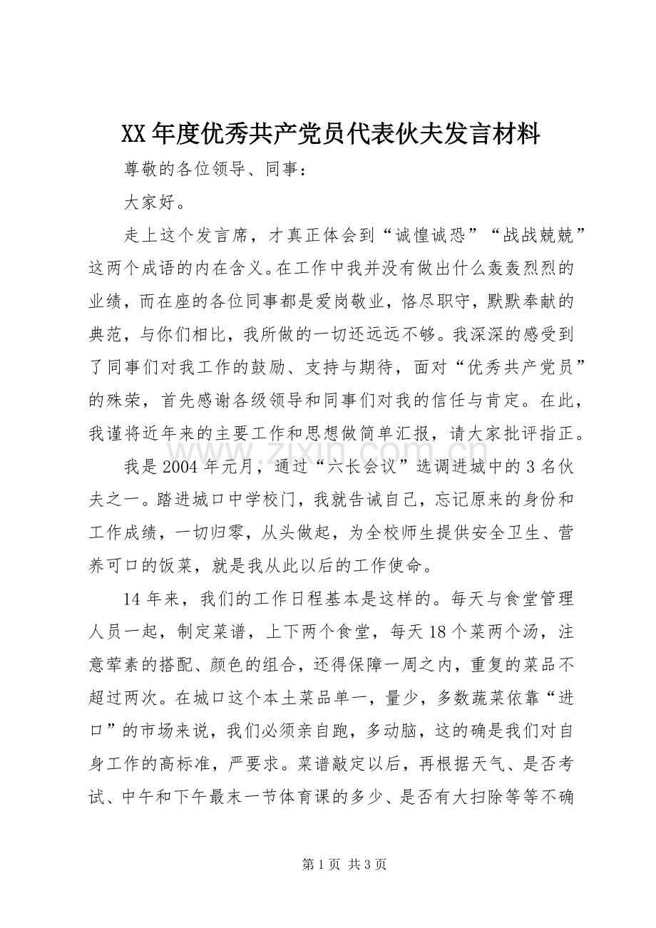 XX年度优秀共产党员代表伙夫发言材料提纲.docx_第1页