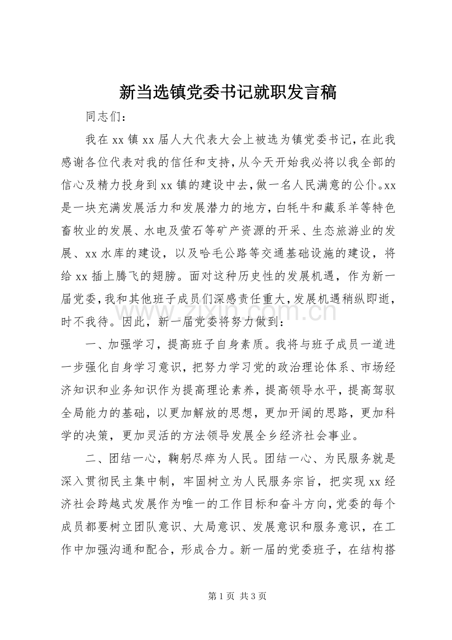 新当选镇党委书记就职发言.docx_第1页