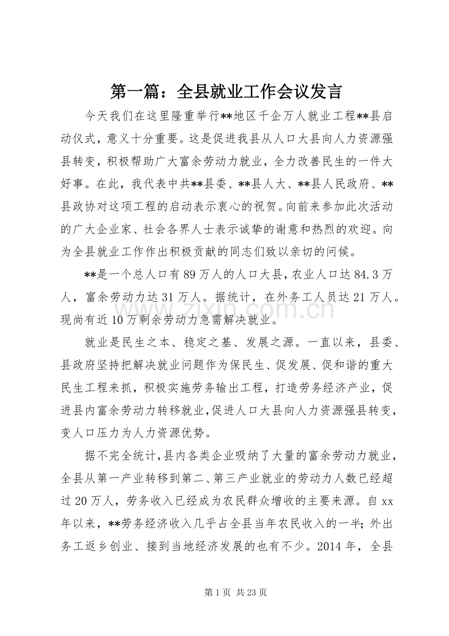 第一篇：全县就业工作会议发言稿.docx_第1页