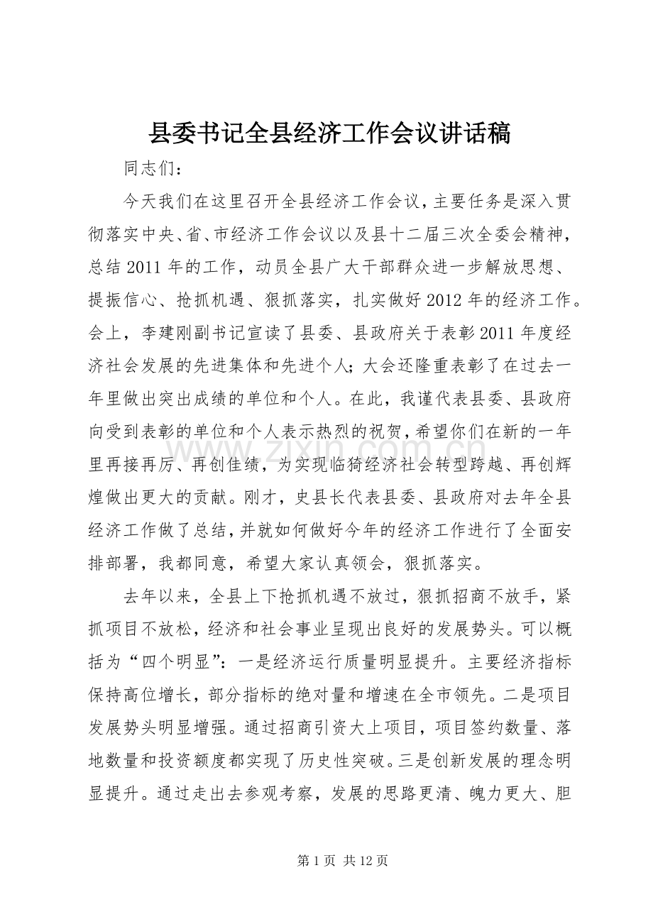 县委书记全县经济工作会议讲话稿.docx_第1页