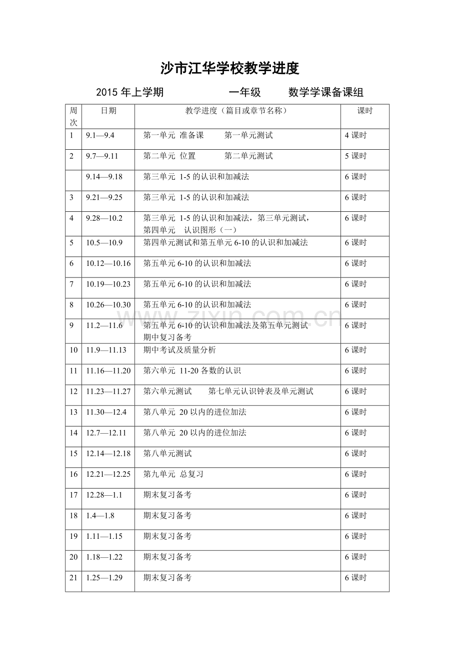 沙市江华学一年级数学教学进度-.doc_第1页