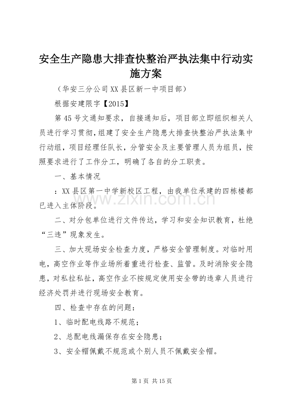 安全生产隐患大排查快整治严执法集中行动方案 .docx_第1页