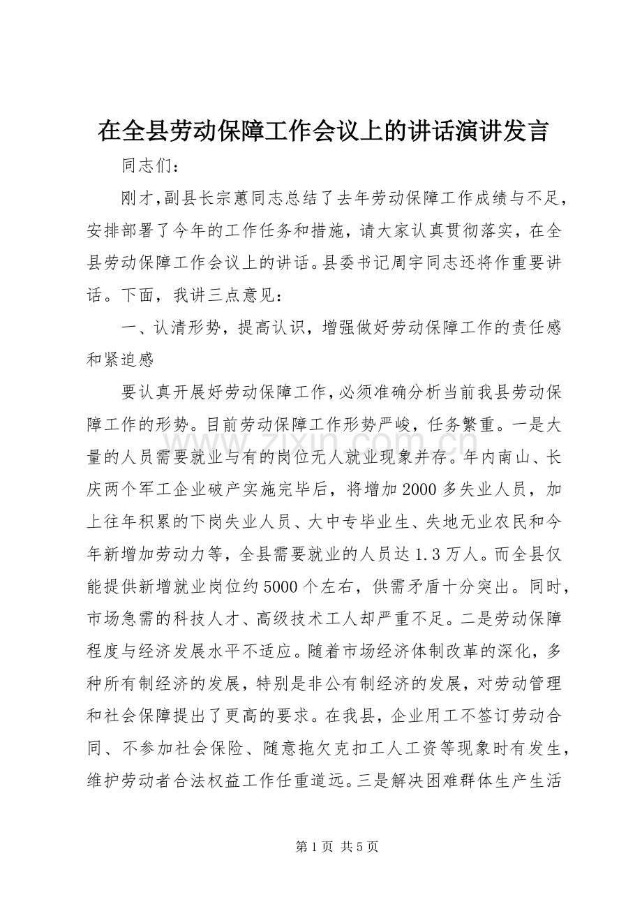 在全县劳动保障工作会议上的讲话演讲发言.docx_第1页