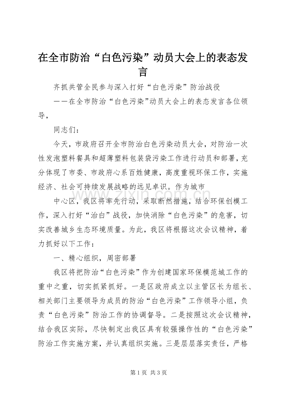 在全市防治“白色污染”动员大会上的表态发言稿 (2).docx_第1页