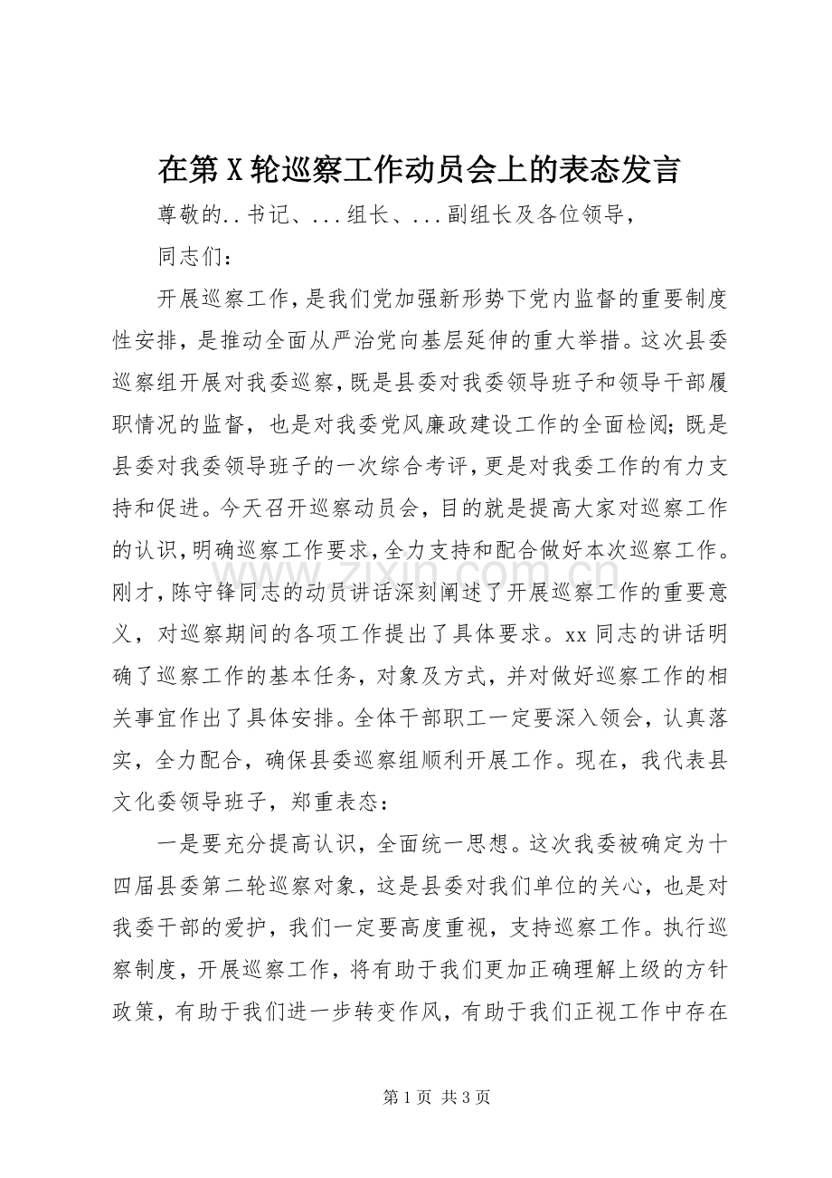 在第X轮巡察工作动员会上的表态发言.docx_第1页