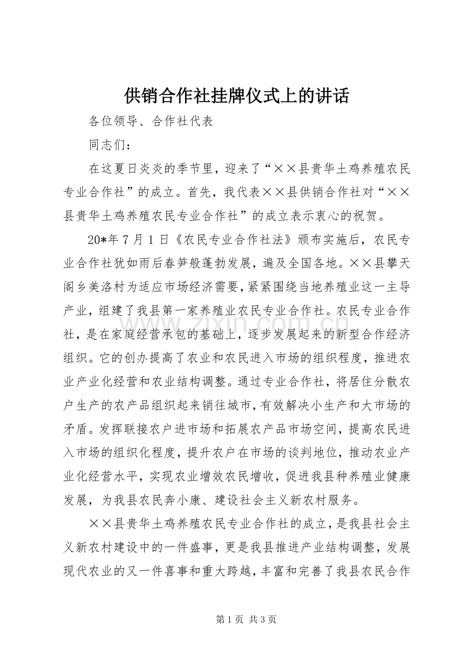 供销合作社挂牌仪式上的讲话.docx_第1页