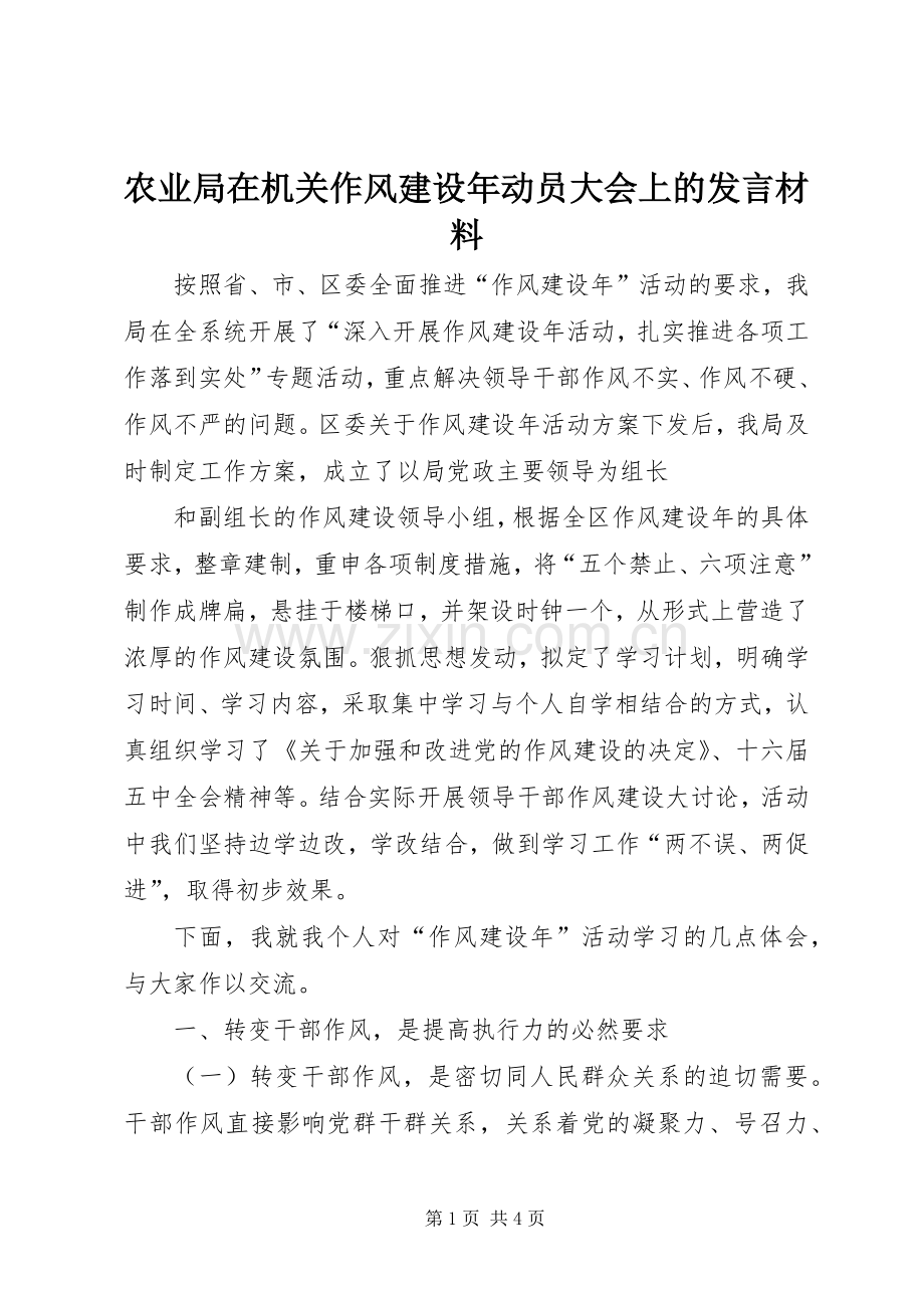 农业局在机关作风建设年动员大会上的发言材料致辞.docx_第1页