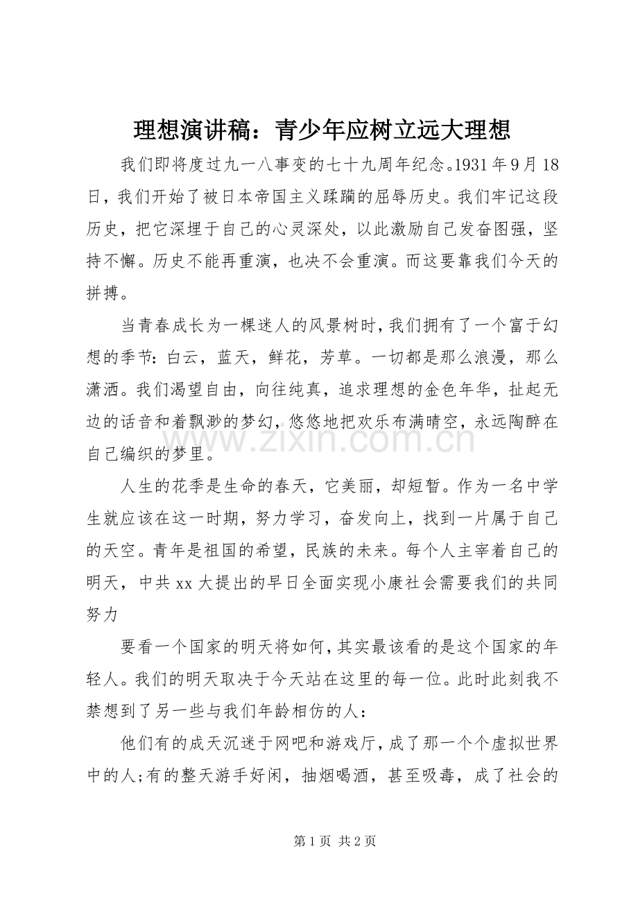 理想演讲稿：青少年应树立远大理想.docx_第1页