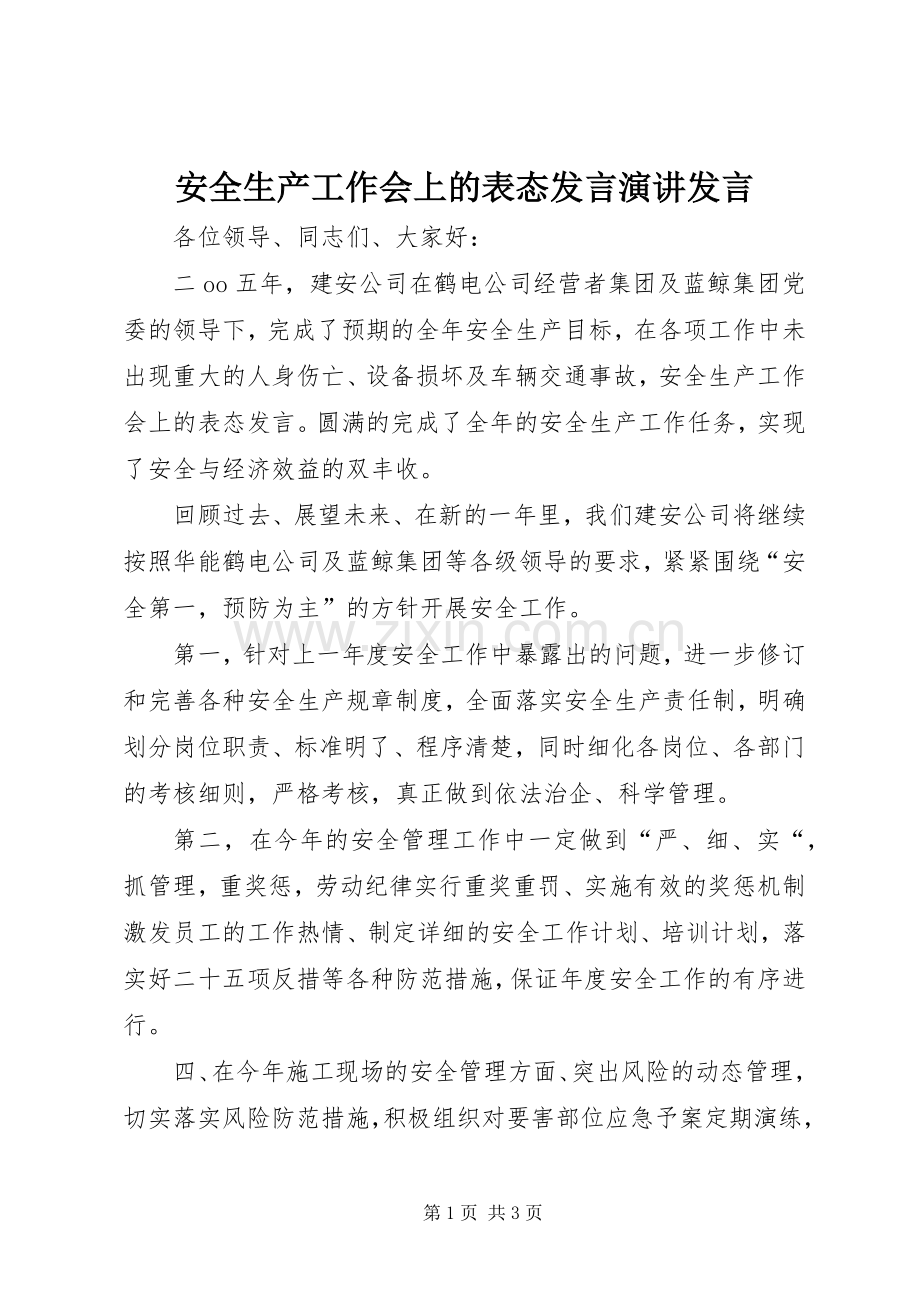 安全生产工作会上的表态发言演讲发言.docx_第1页