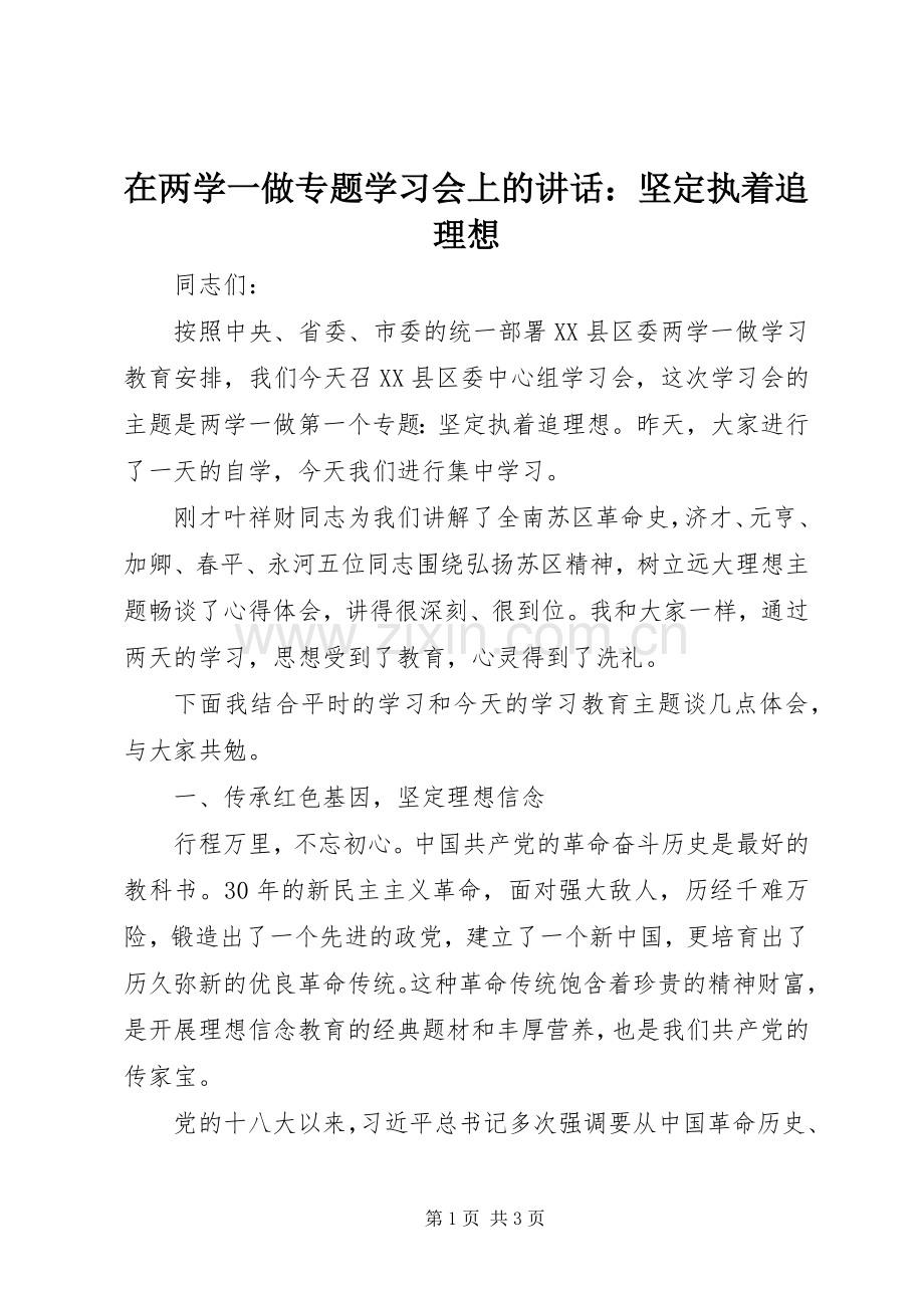 在两学一做专题学习会上的讲话：坚定执着追理想.docx_第1页