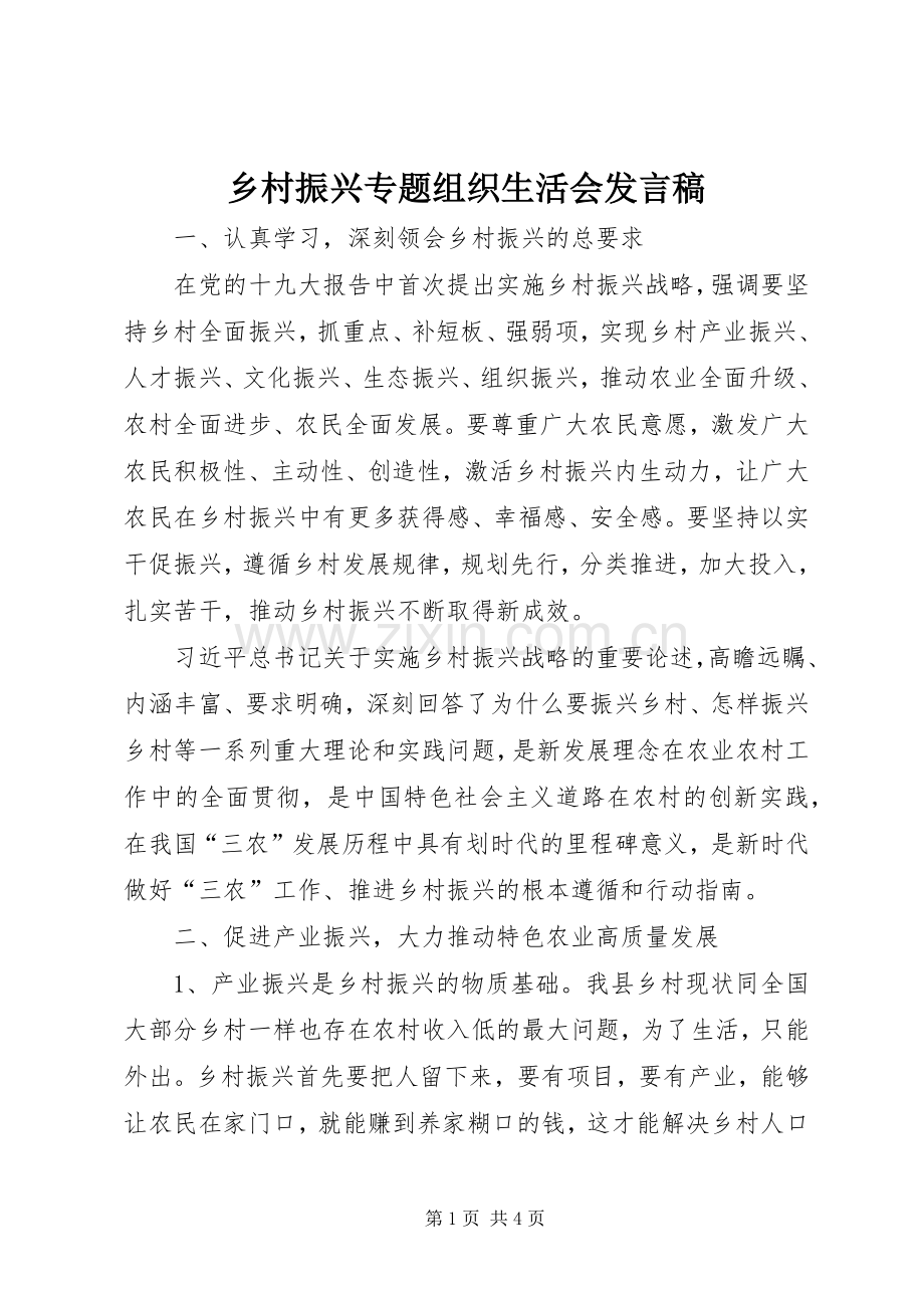 乡村振兴专题组织生活会发言.docx_第1页