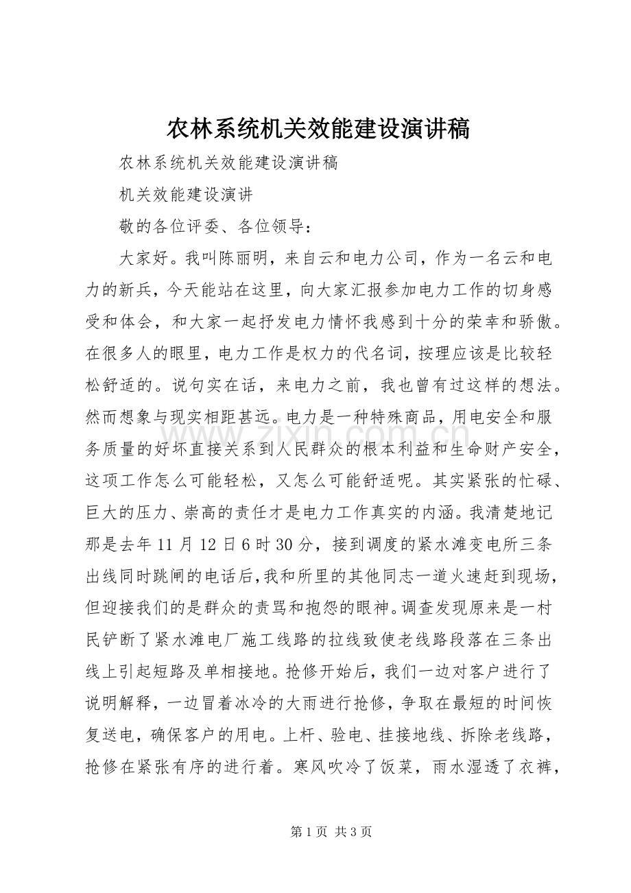 农林系统机关效能建设演讲稿范文.docx_第1页